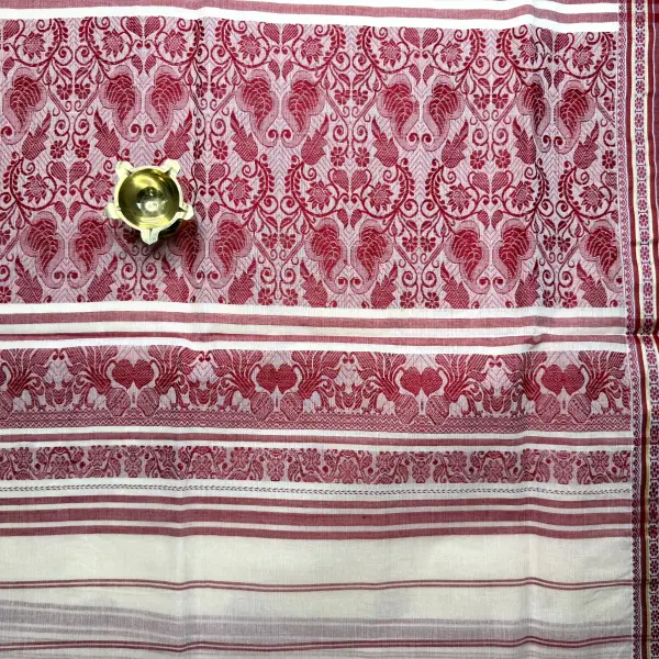 White and red Baluchari weave dhaniakali cotton saree