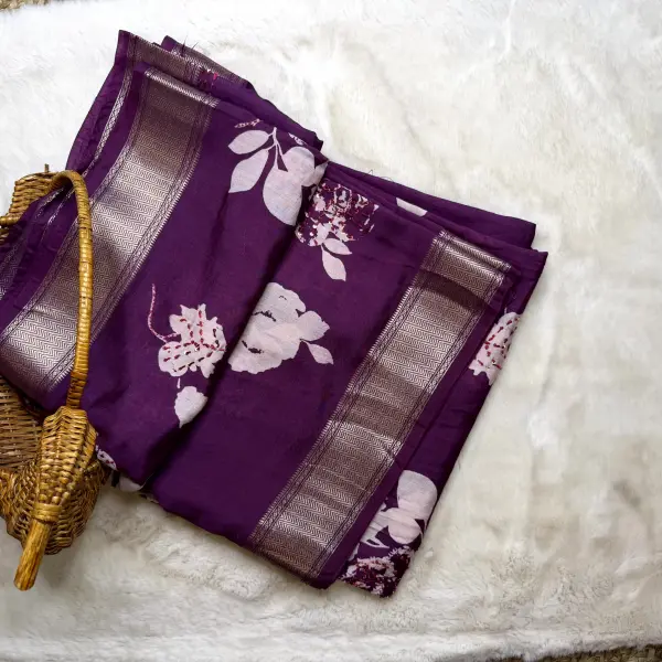 Purple with thread work linen cotton saree