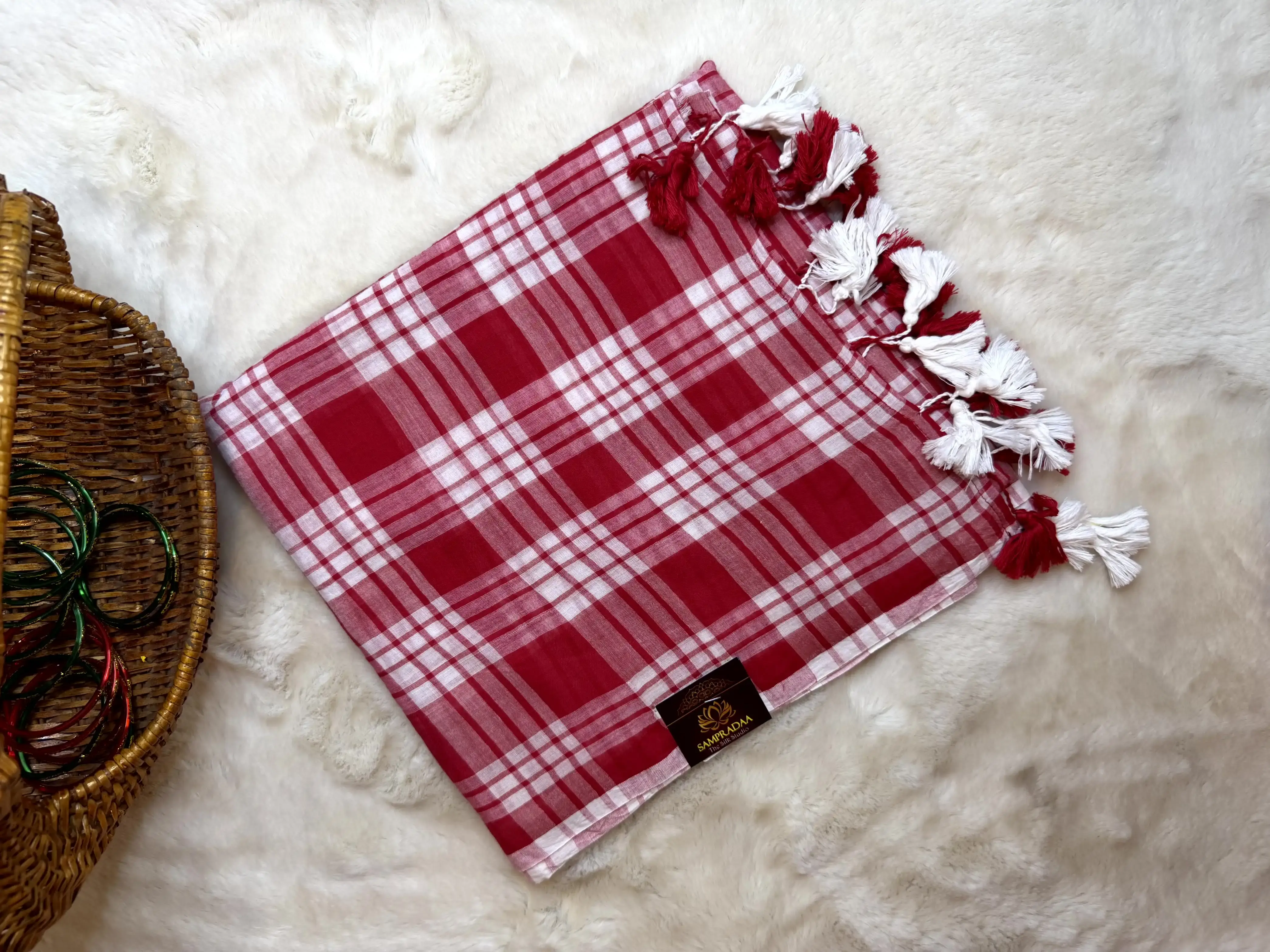 Red & white checks Mul cotton saree