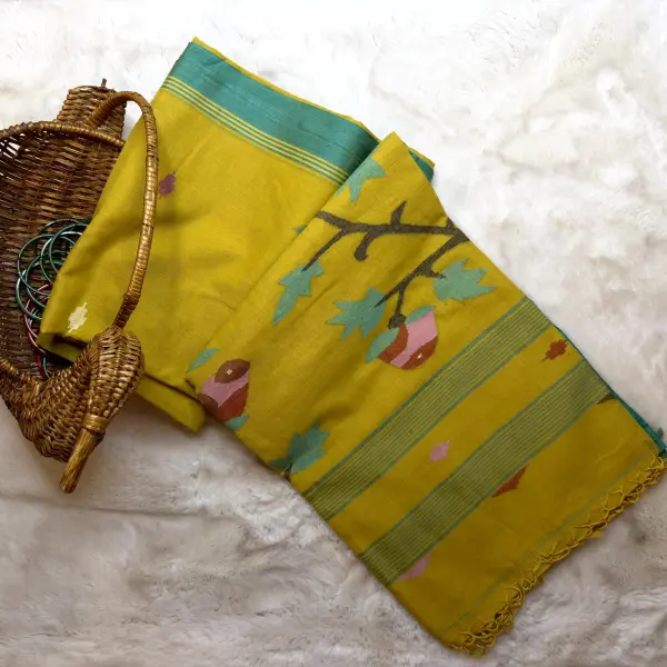 Yellow Jamdhani work cotton saree