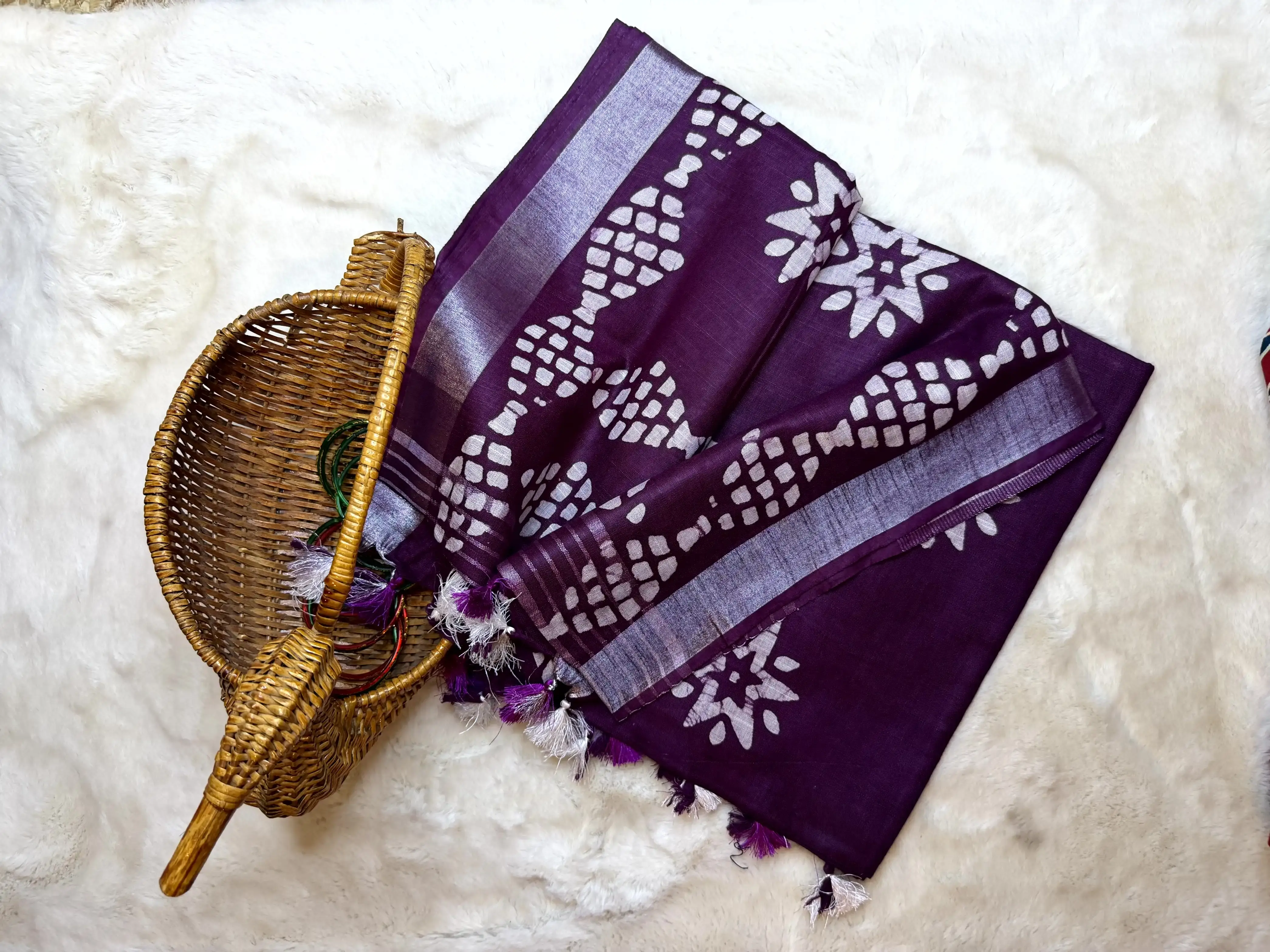 Maroon linen cotton saree