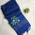 Peacock blue floral pattern pure linen cotton saree