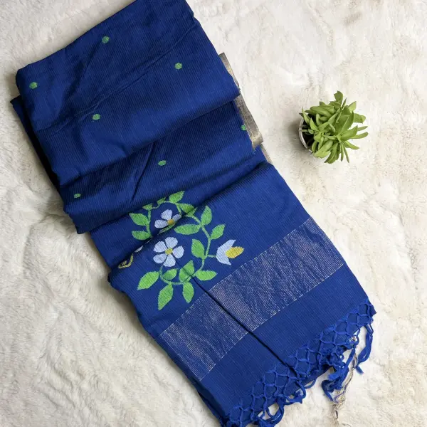 Peacock blue floral pattern pure linen cotton saree