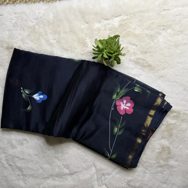 Black floral handpaint pure cotton saree