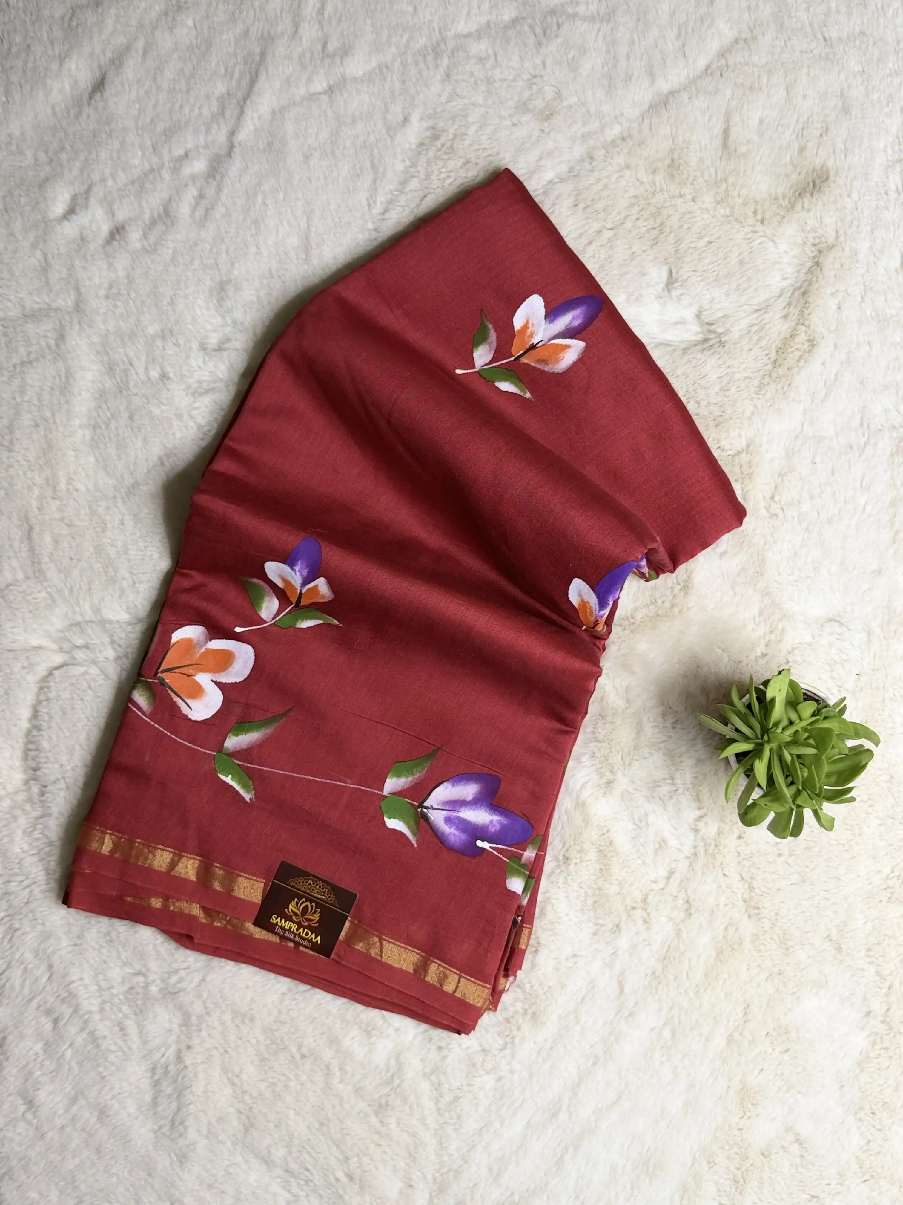 Maroon floral handpaint pure cotton saree