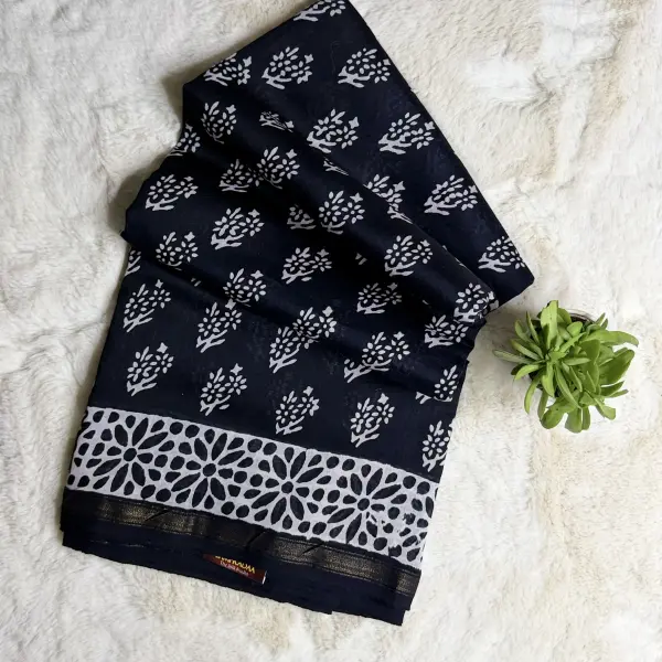 Black & white floral print pure cotton saree