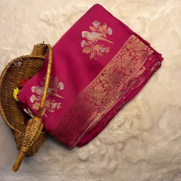 Rani Pink with Birds Motifs Mashru Silk Saree