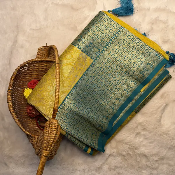 Yellow with green Benaras Semi Silk Saree