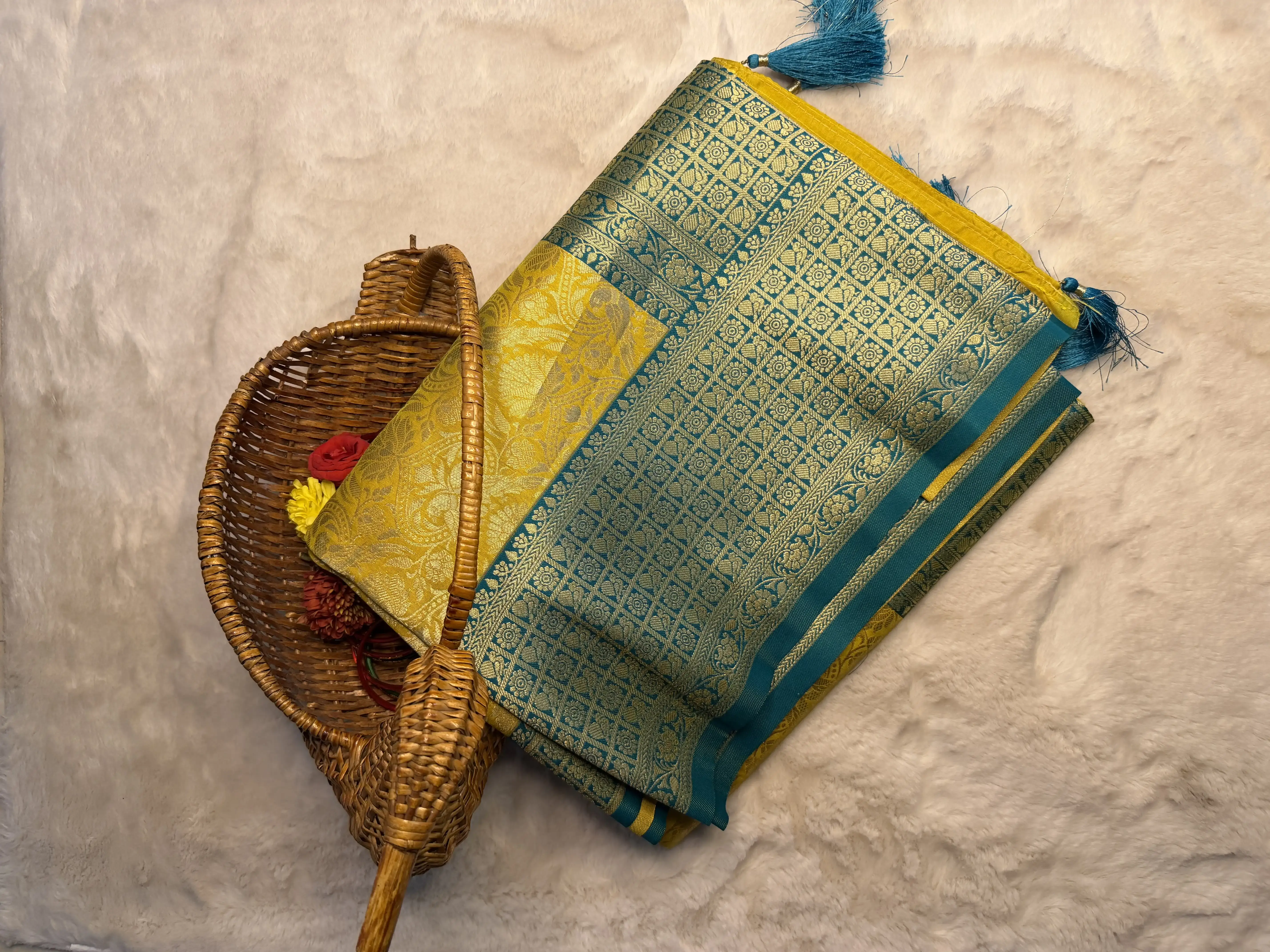Yellow with green Benaras Semi Silk Saree