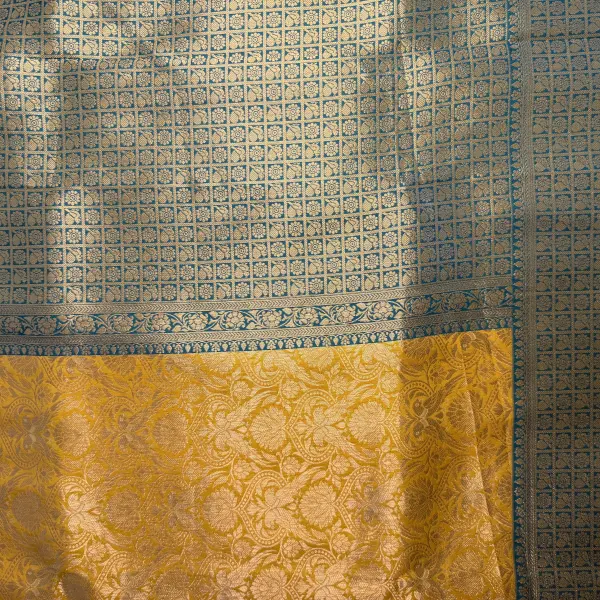 Yellow with green Benaras Semi Silk Saree