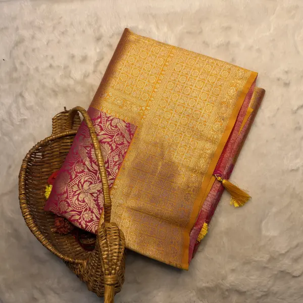 Red WIth Yellow border Benaras Semi Silk Saree