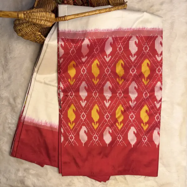 Cream Red Half & Half Mango Motif Poochampalli Silk Saree