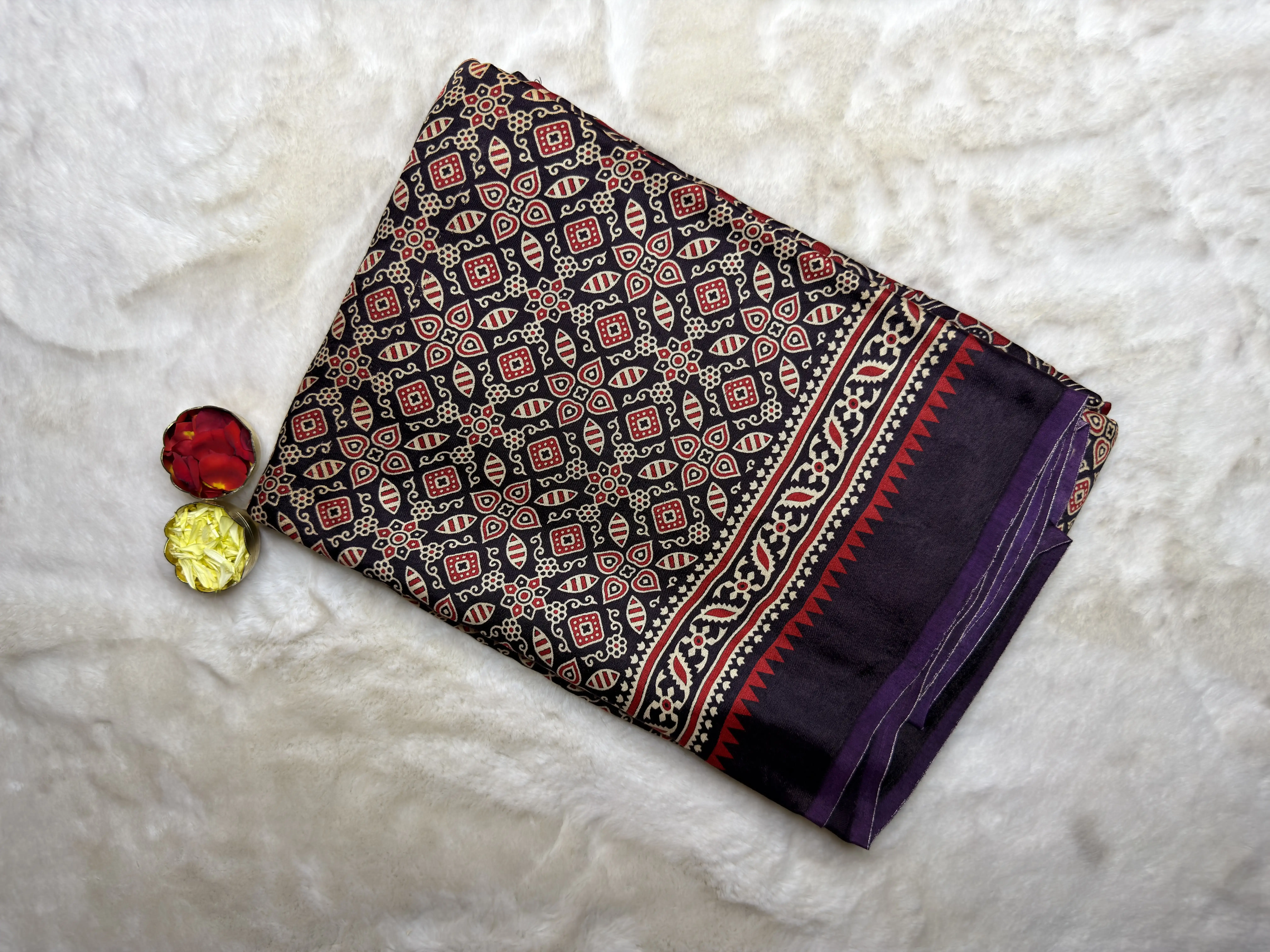 Chocolate Brown Ajrak Print Satin Modal Saree