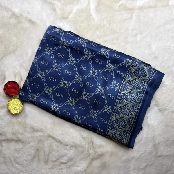 Ink Blue Ajrak Print Modal Silk Saree