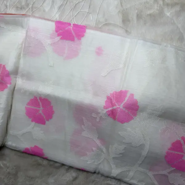 White with neon pink floral pattern pure Dhakai cotton saree