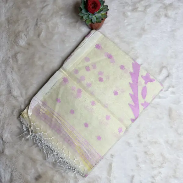 Cream with Pink Jamdhani Work Muga Cotton Silk Saree