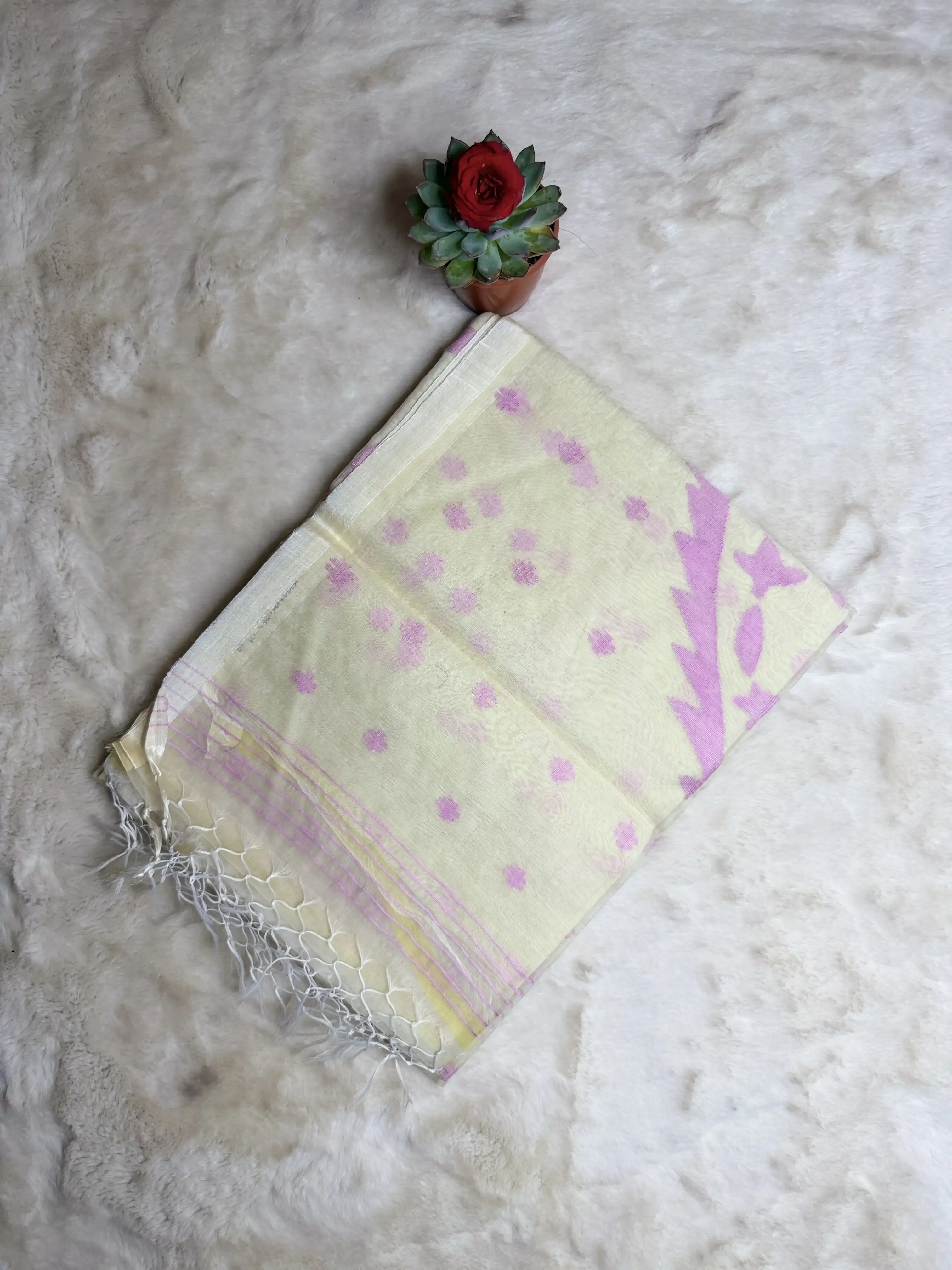 Cream with Pink Jamdhani Work Muga Cotton Silk Saree