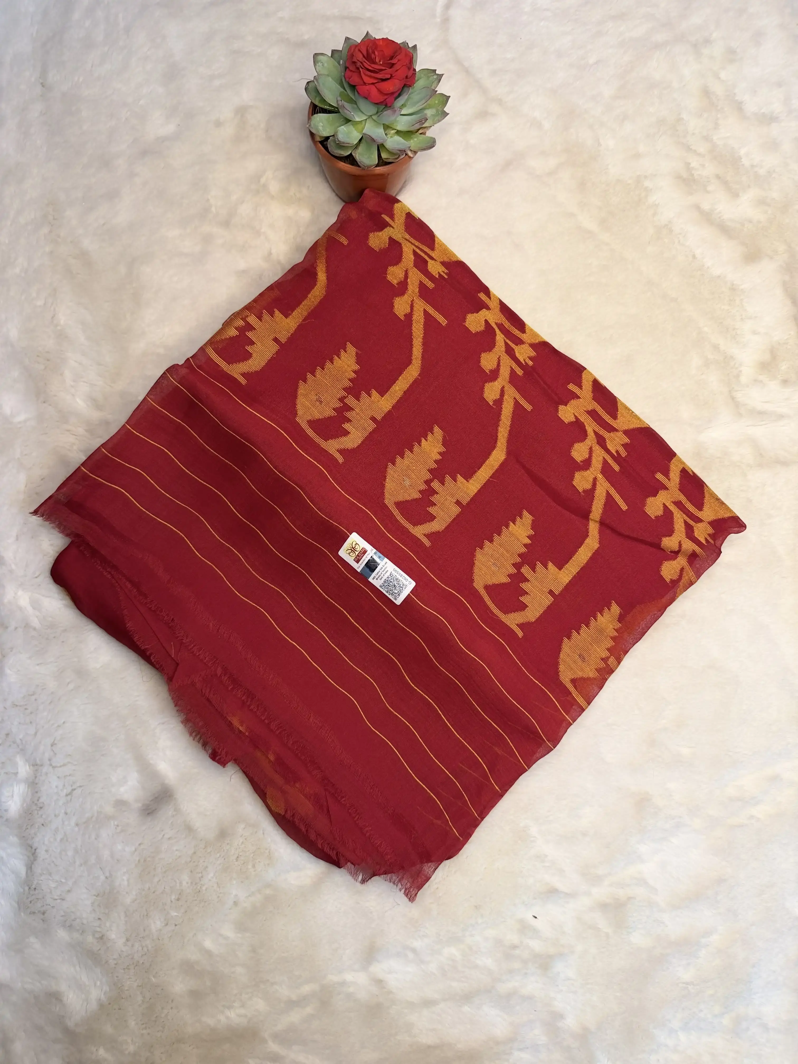 Cherry Red with Yellow Jamdhani Work Muslin Cotton Saree