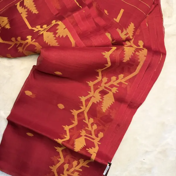 Cherry Red with Yellow Jamdhani Work Muslin Cotton Saree