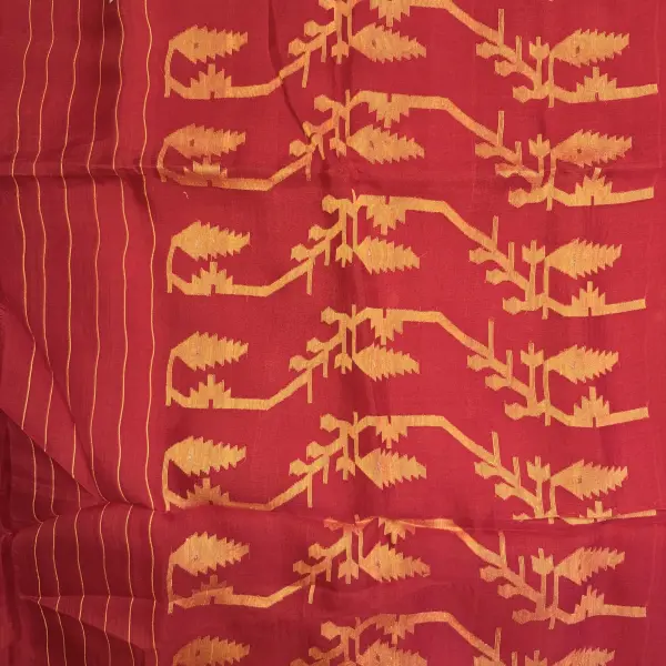 Cherry Red with Yellow Jamdhani Work Muslin Cotton Saree