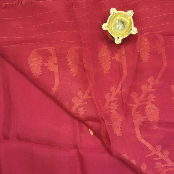 Cherry Red with Yellow Jamdhani Work Muslin Cotton Saree