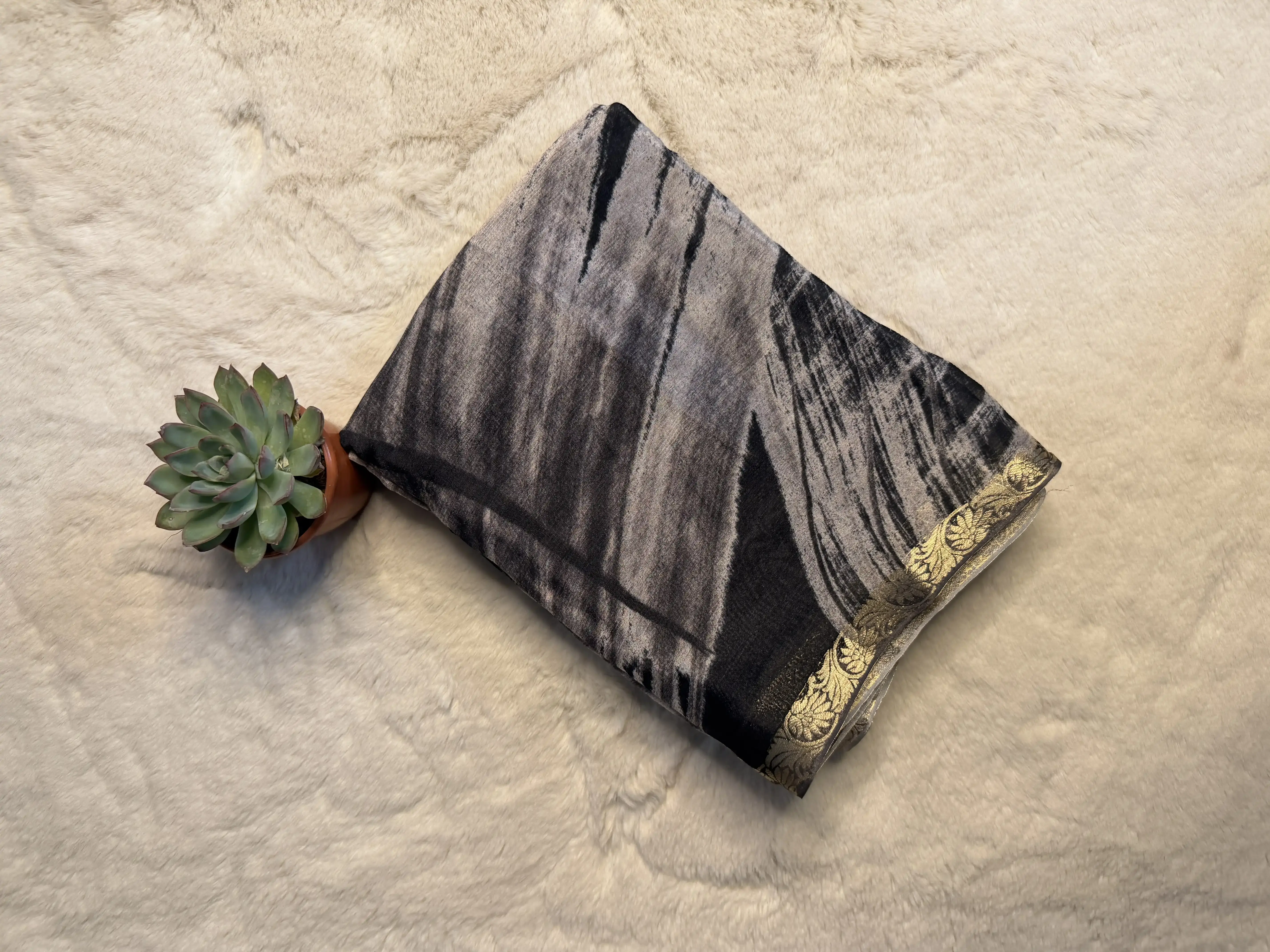 Black with Grey Pure Chiffon Saree