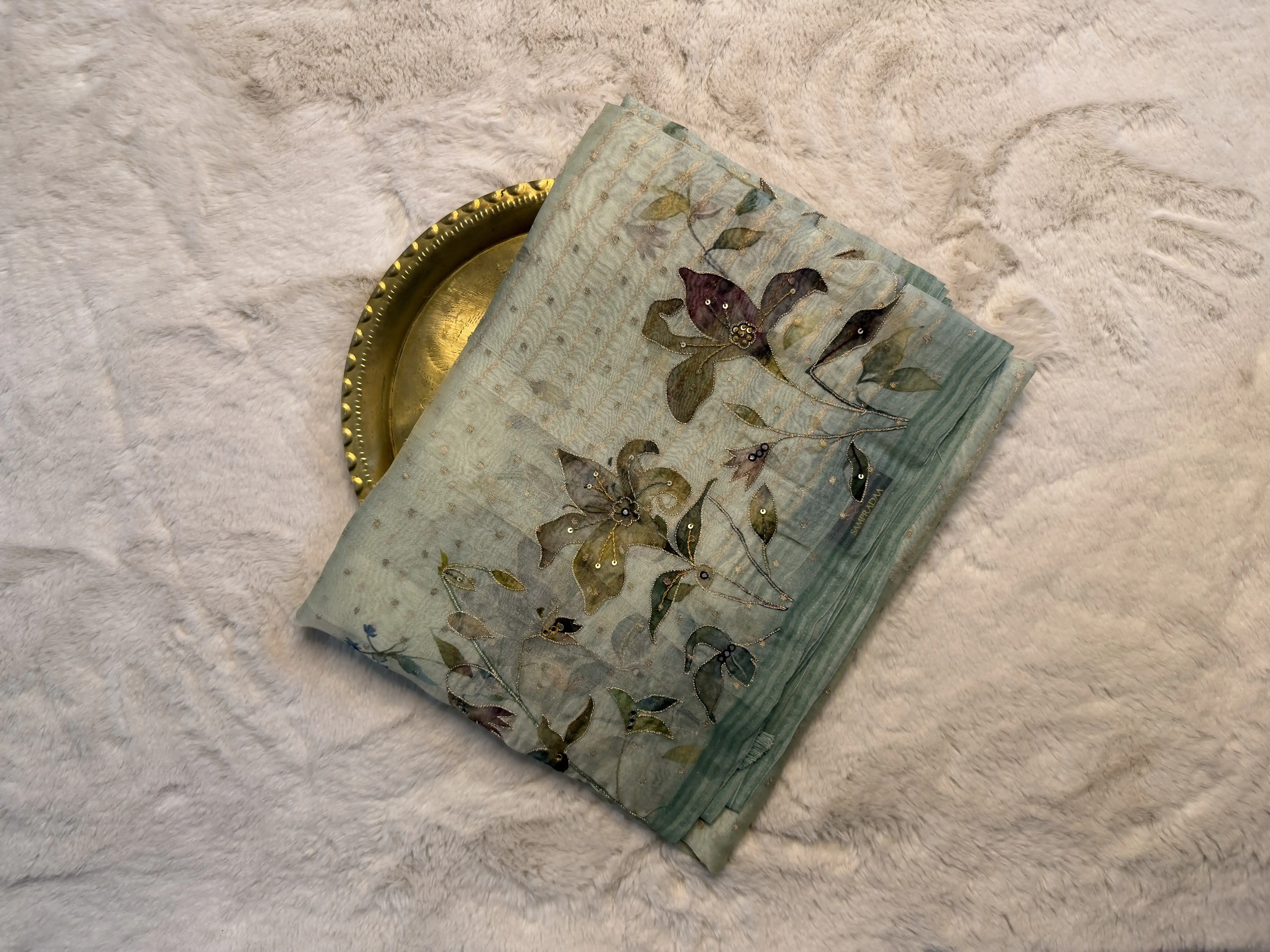 Powder Blue with elegant floral pattern Organza Saree