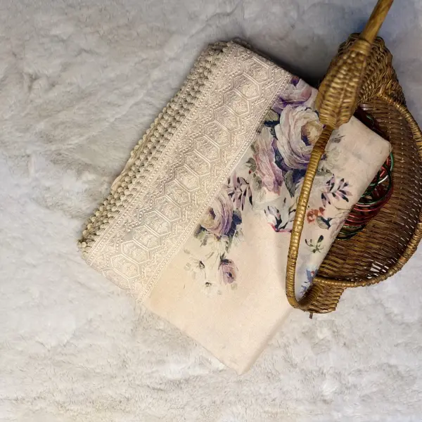 Beige floral Digital Print with lace border Muga Silk Saree