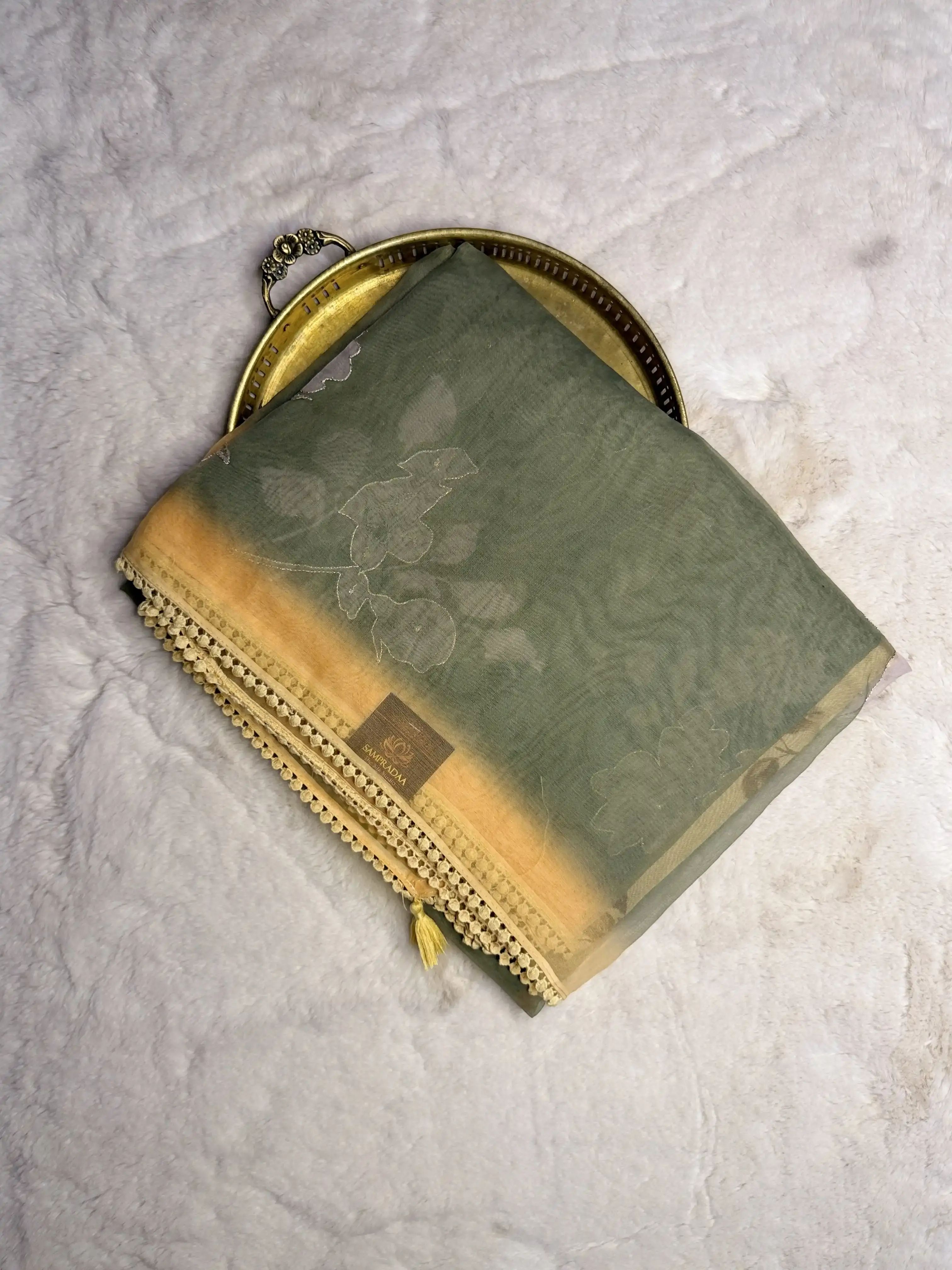 Military Green with yellow Floral pattern Pure Organza Saree