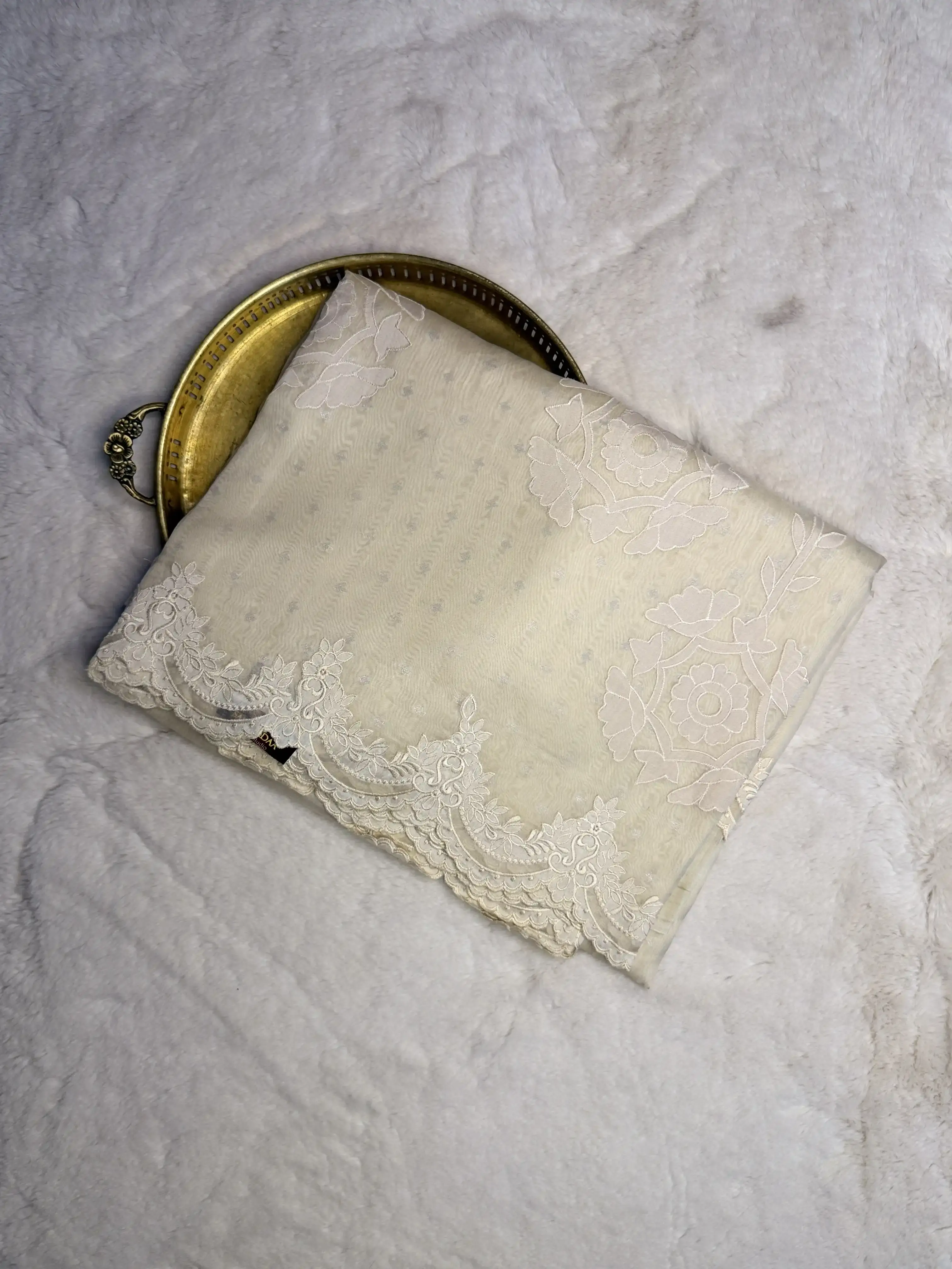 Light Beige Scallop Design Pure Organza Saree