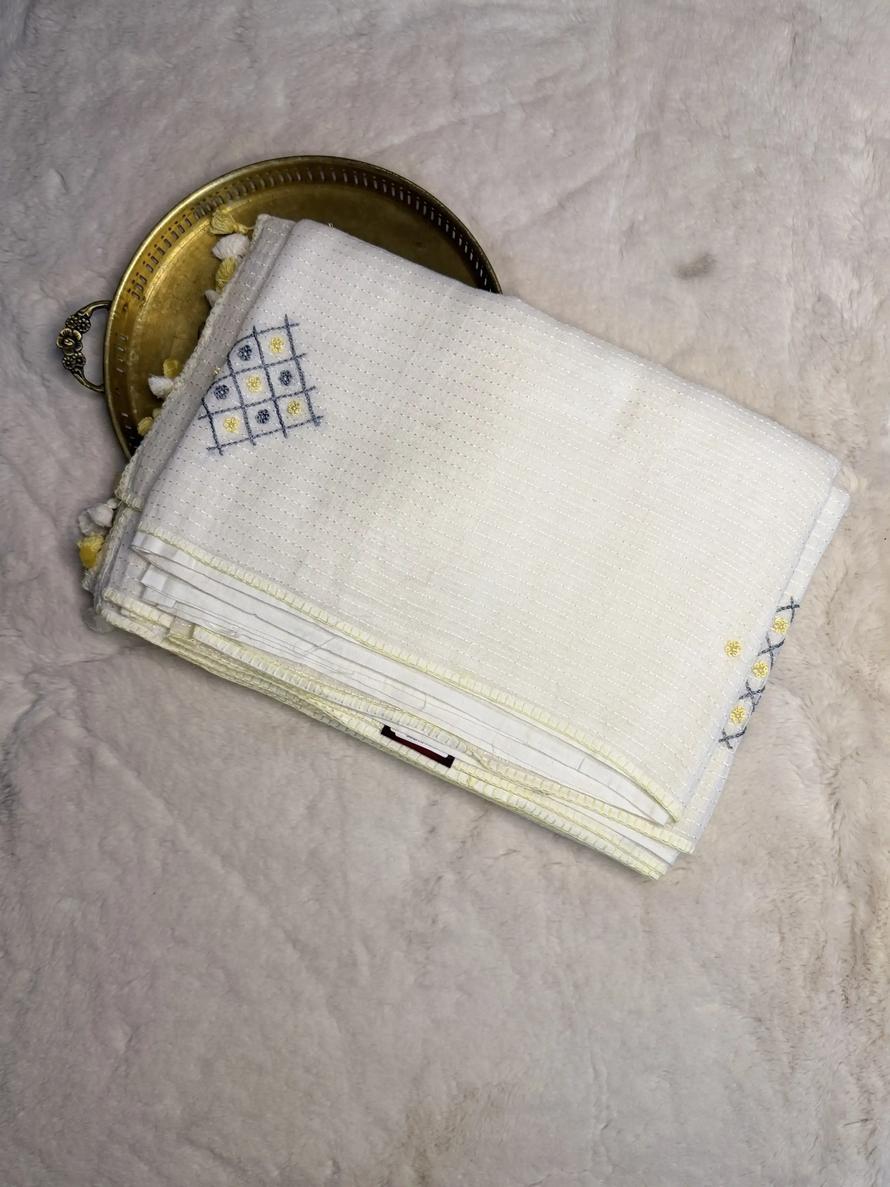 White Thread & Mirror work Pure Cotton Saree