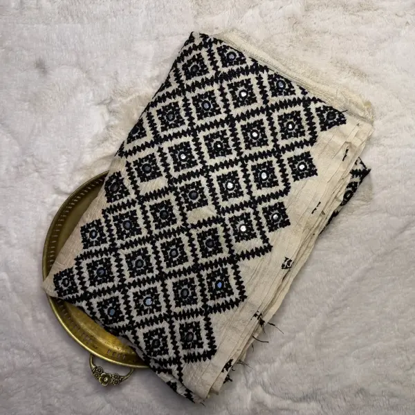 Cream Thread & Mirror work pure Tussar silk Saree