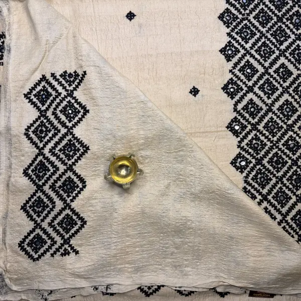 Cream Thread & Mirror work pure Tussar silk Saree