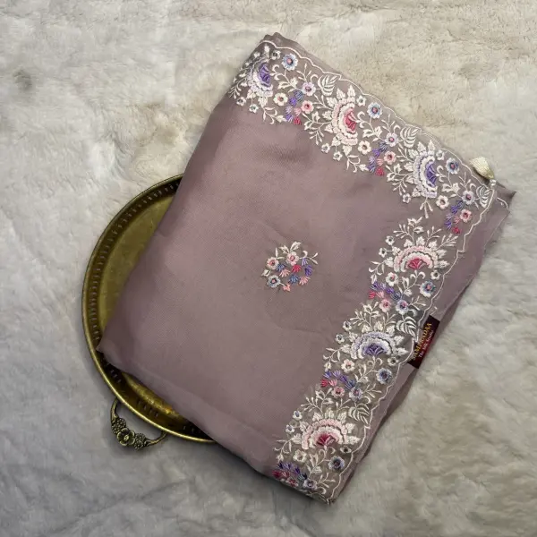 Beige With floral border Organza Saree