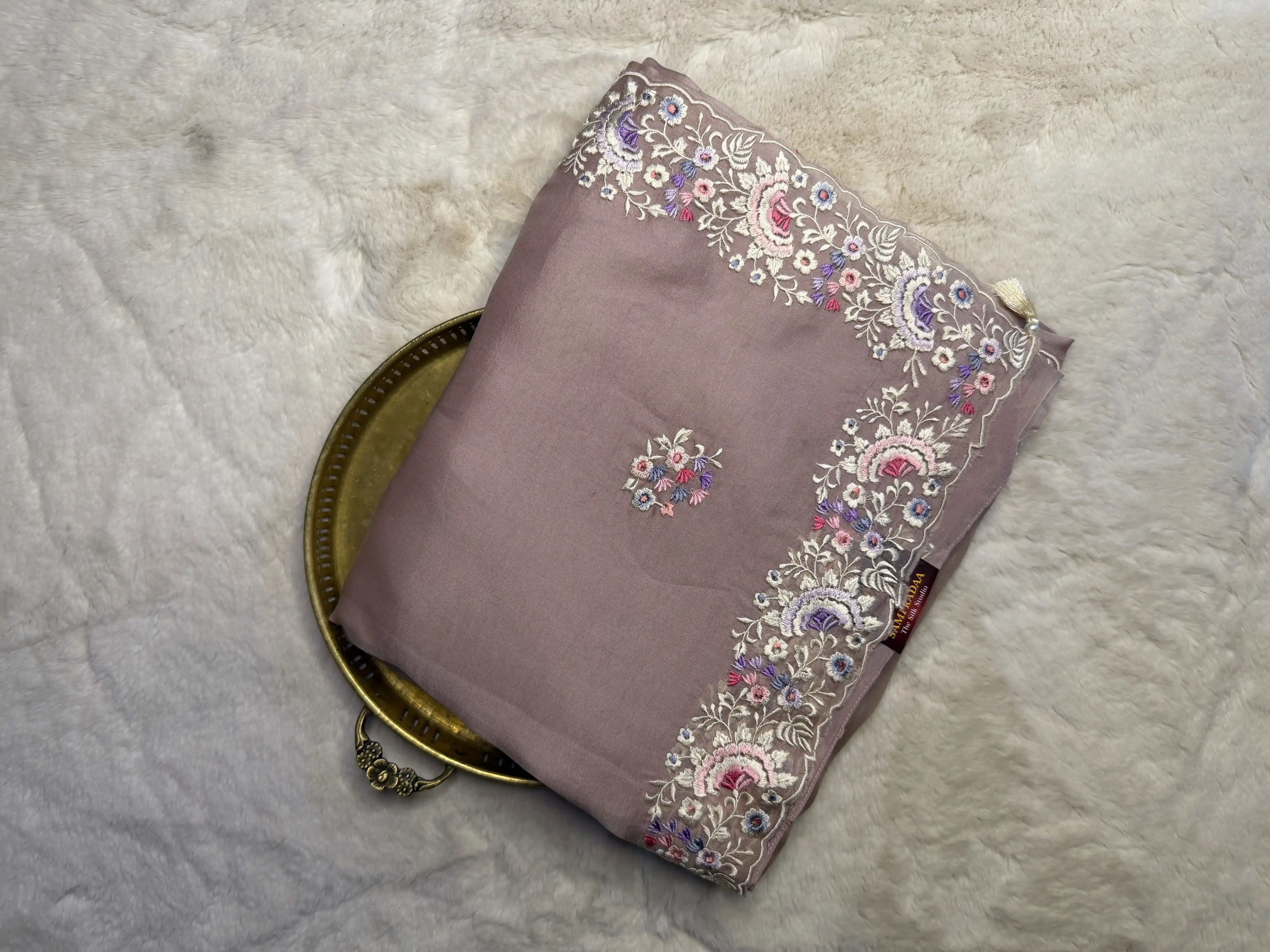 Beige With floral border Organza Saree