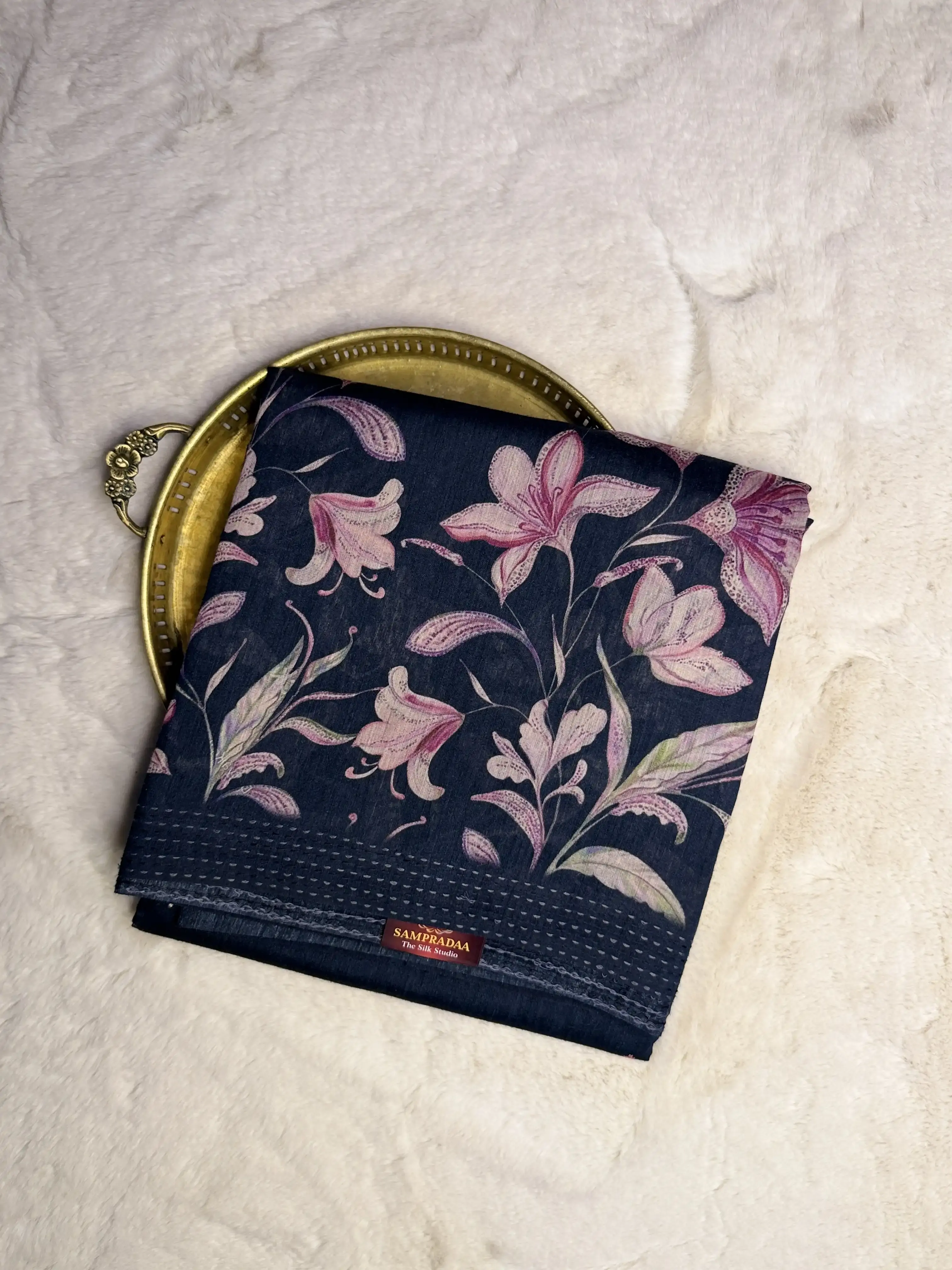 Black FLoral Design Linen cotton Saree