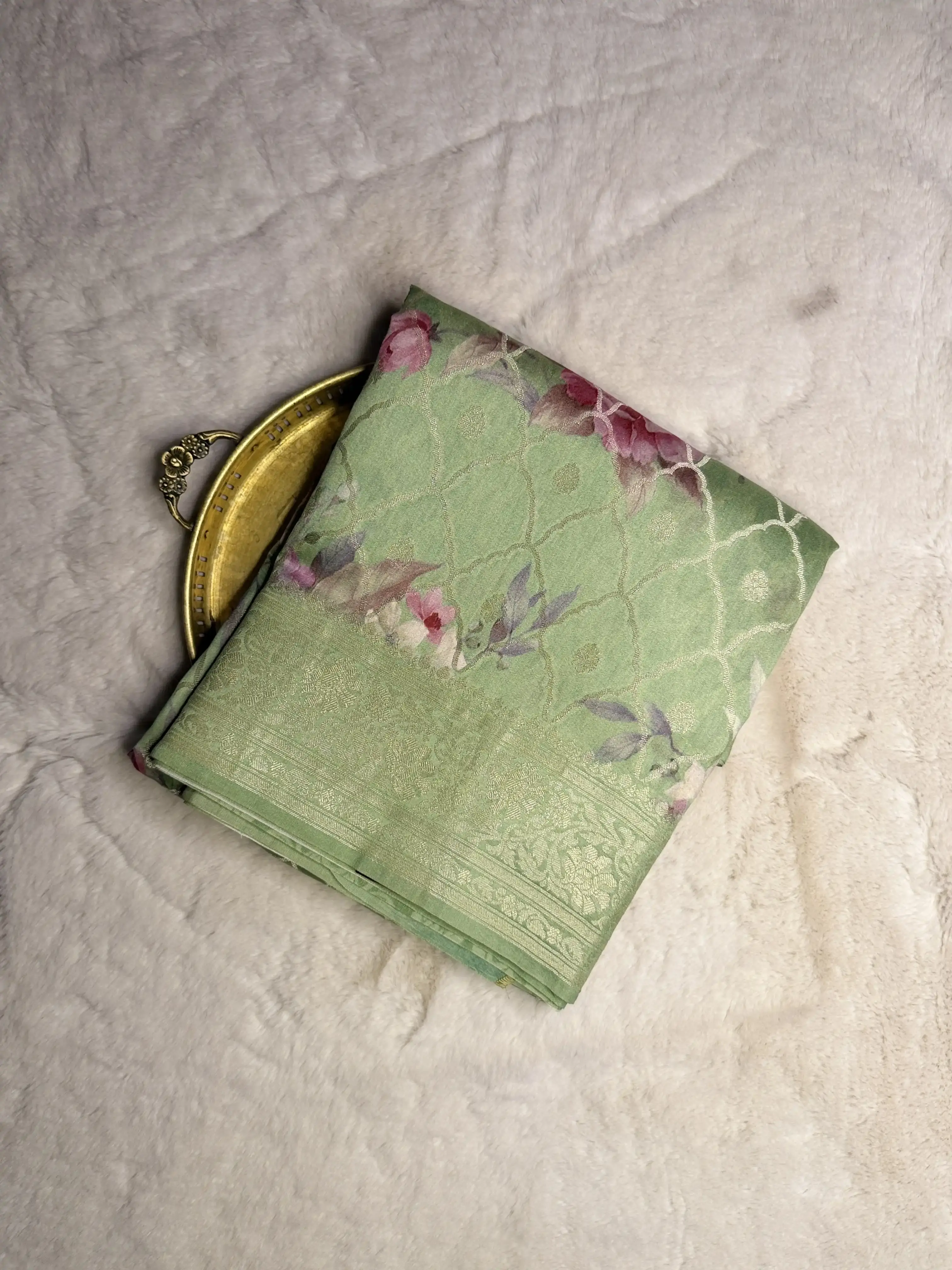 Pista Green Floral Pattern with buttas Muga Silk Saree