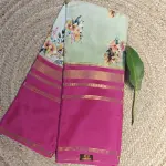 Pista green printed silk with pink gap border pure crepe silk saree 120gsm