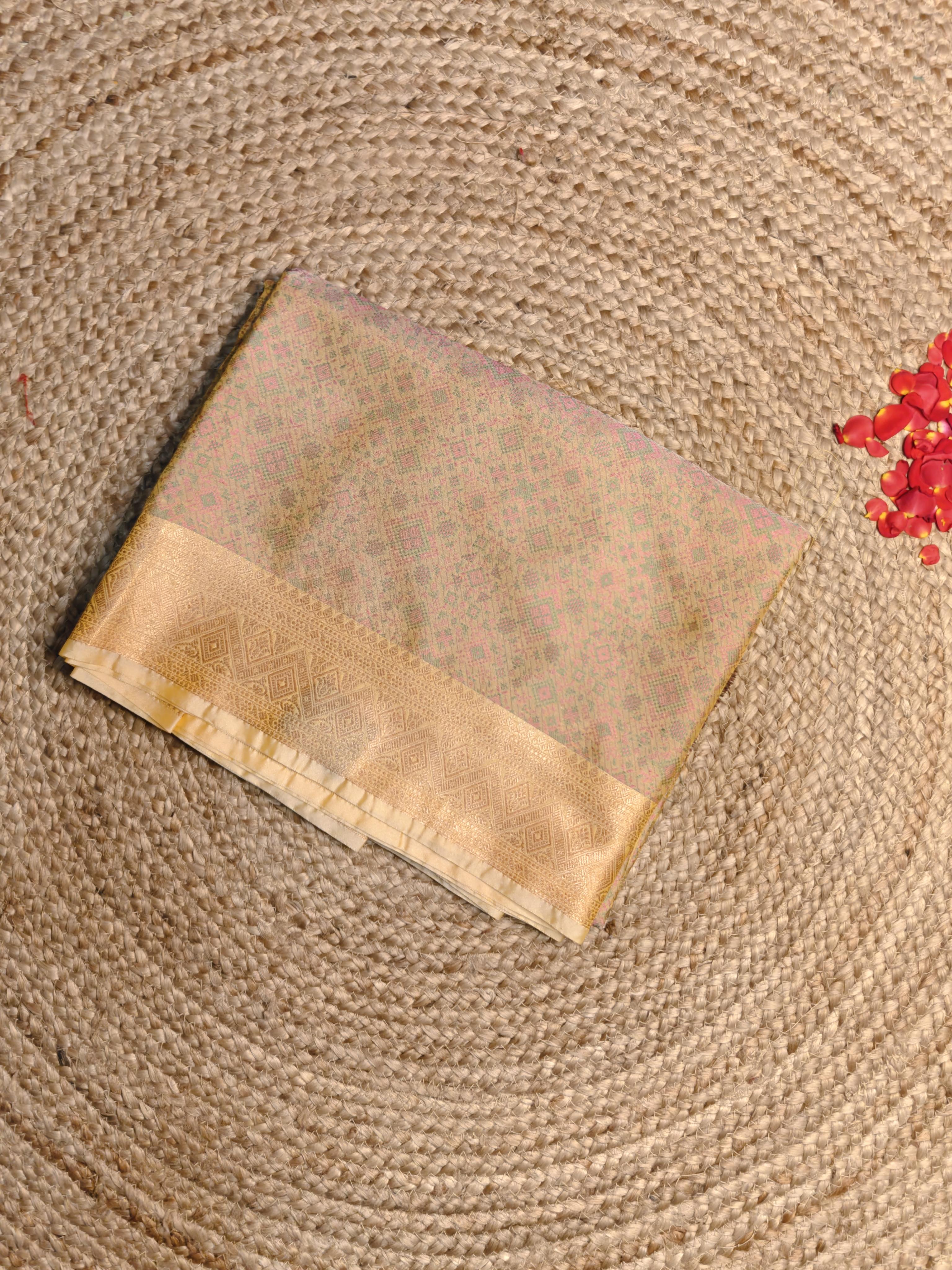 Lemon yellow with pink and green design benaras saree