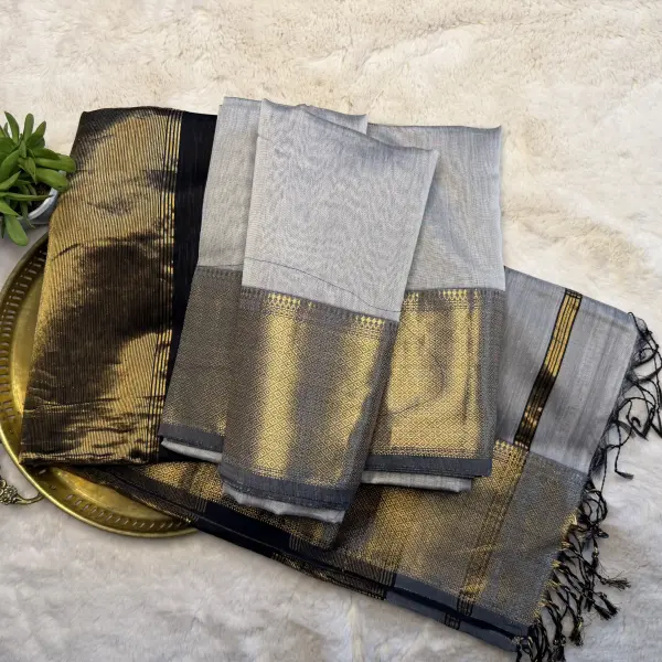 Grey with gold zari Maheshwari silk cotton saree