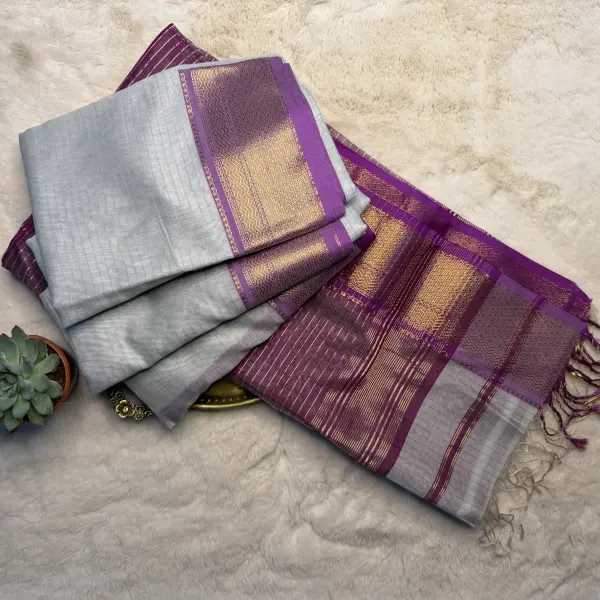Grey with Purple Maheshwari Silk Cotton Saree