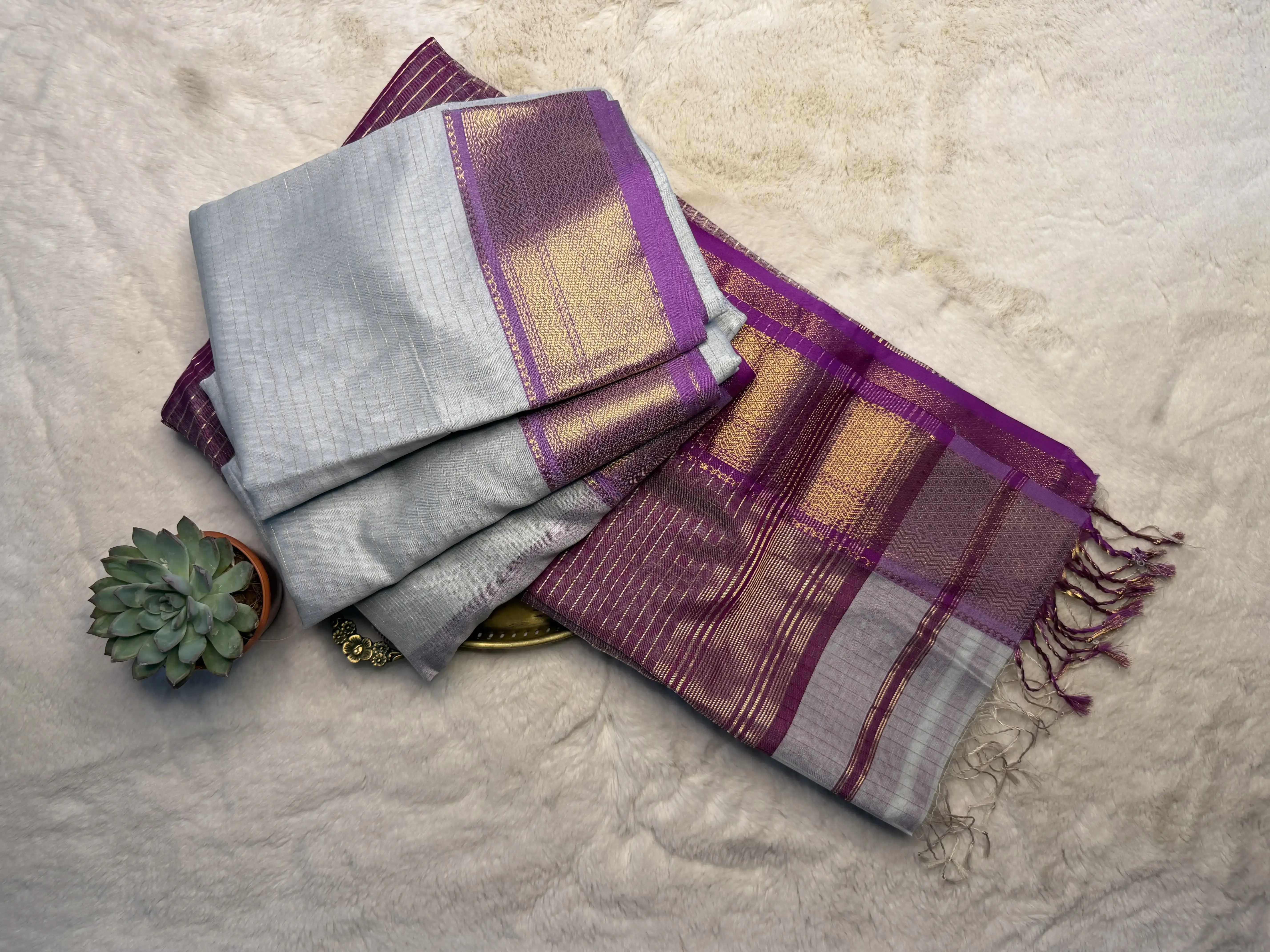 Grey with Purple Maheshwari Silk Cotton Saree