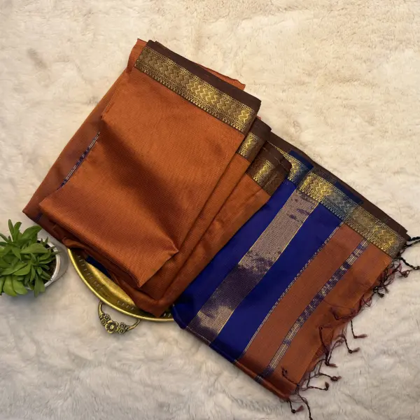 Rust Orange with Navy Blue Maheshwari Silk Cotton Saree
