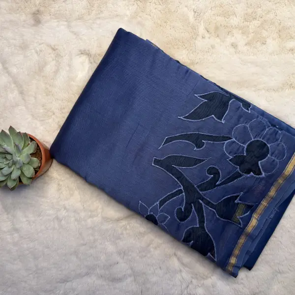 Navy Blue Patch work Semi Tussar Saree