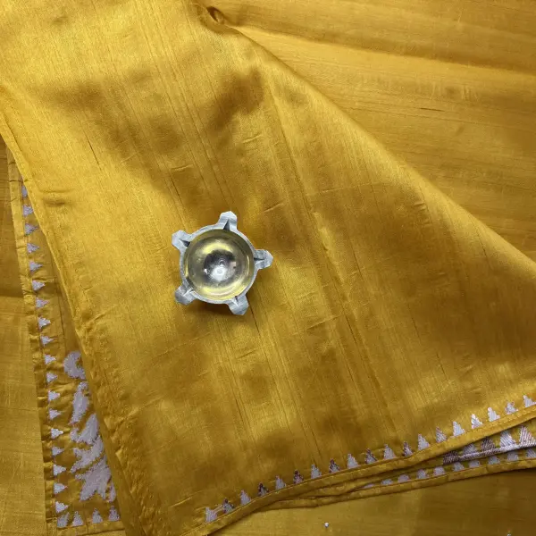 Yellow with thread work semi Raw Silk Saree