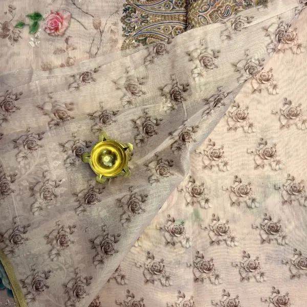 Peach thread work border digital print Linen Saree