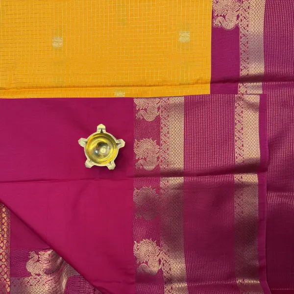 Yellow & Pink Bentex border with peacock motifs Semi Silk Saree