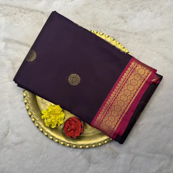 Wine with pink border with buttas Semi Silk Saree