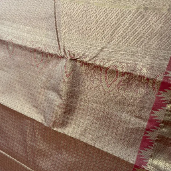 Red & Baby Pink border with peacock motif Semi Silk Saree