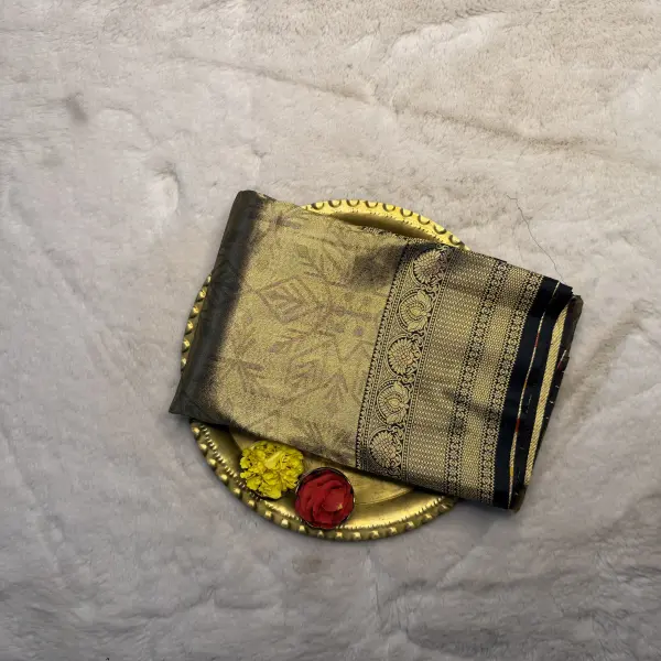 Gold with Black zari border tissue Semi Silk Saree